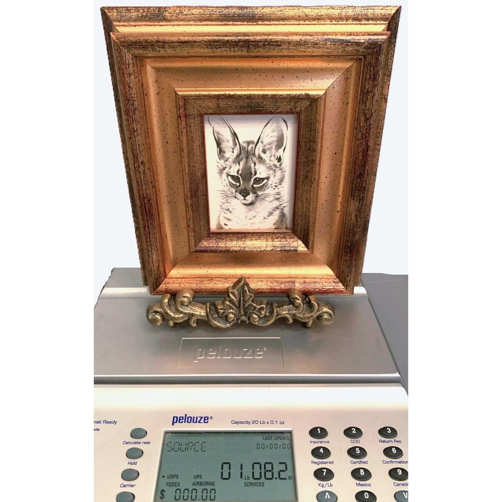 Cat Miniature Art Drawing in Lavish Gold Frame Iron Tabletop Easel Vintage 90s - Picture 10 of 10